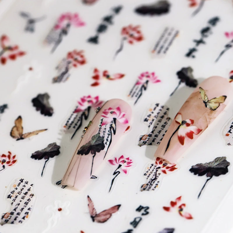 Retro Chinese Style Ink Painting Lotus Flower Dragonfly Butterfly Ancient Poems Nail Art Charm Decoration Sticker Manicure Decal