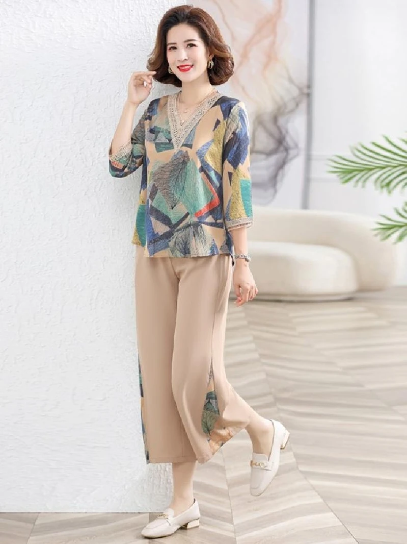 Estate New Sle Mommy Set in due pezzi Gonna midi e camicetta V-Ne Casual Loose Fit Regular Sve Lunghezza Modello vintage