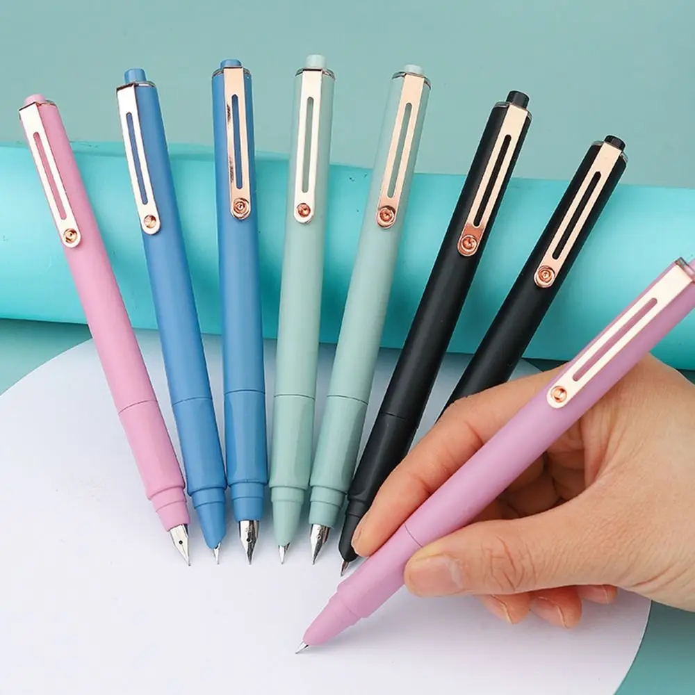 Retractable Press Type Fountain Pen Notched Calligraphy Practice Writing Pen Three Point Positioning Exchangeable Ink Cartridge