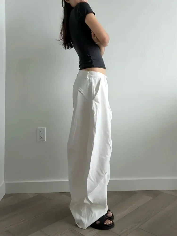 กางเกงขายาวสีขาวสไตล์วินเทจสำหรับผู้หญิง คอลเลคชั่นใหม่ปี 2025 กางเกงแฟชั่นทรงขาบานสไตล์ Y2K กางเกงลำลองสตรีทแวร์ กางเกงขายาวผู้หญิง