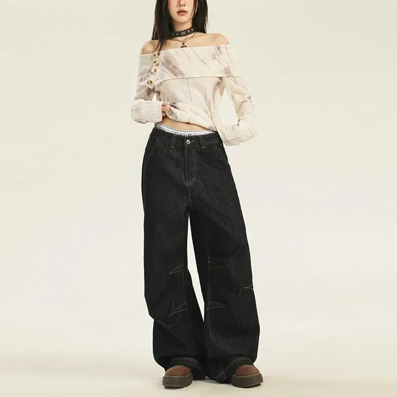 

Slimming Black Wide Leg Jeans Low Waist Street Style Washed Effect Women's plus Size Jeans Medium Stretch Comfortable Fit