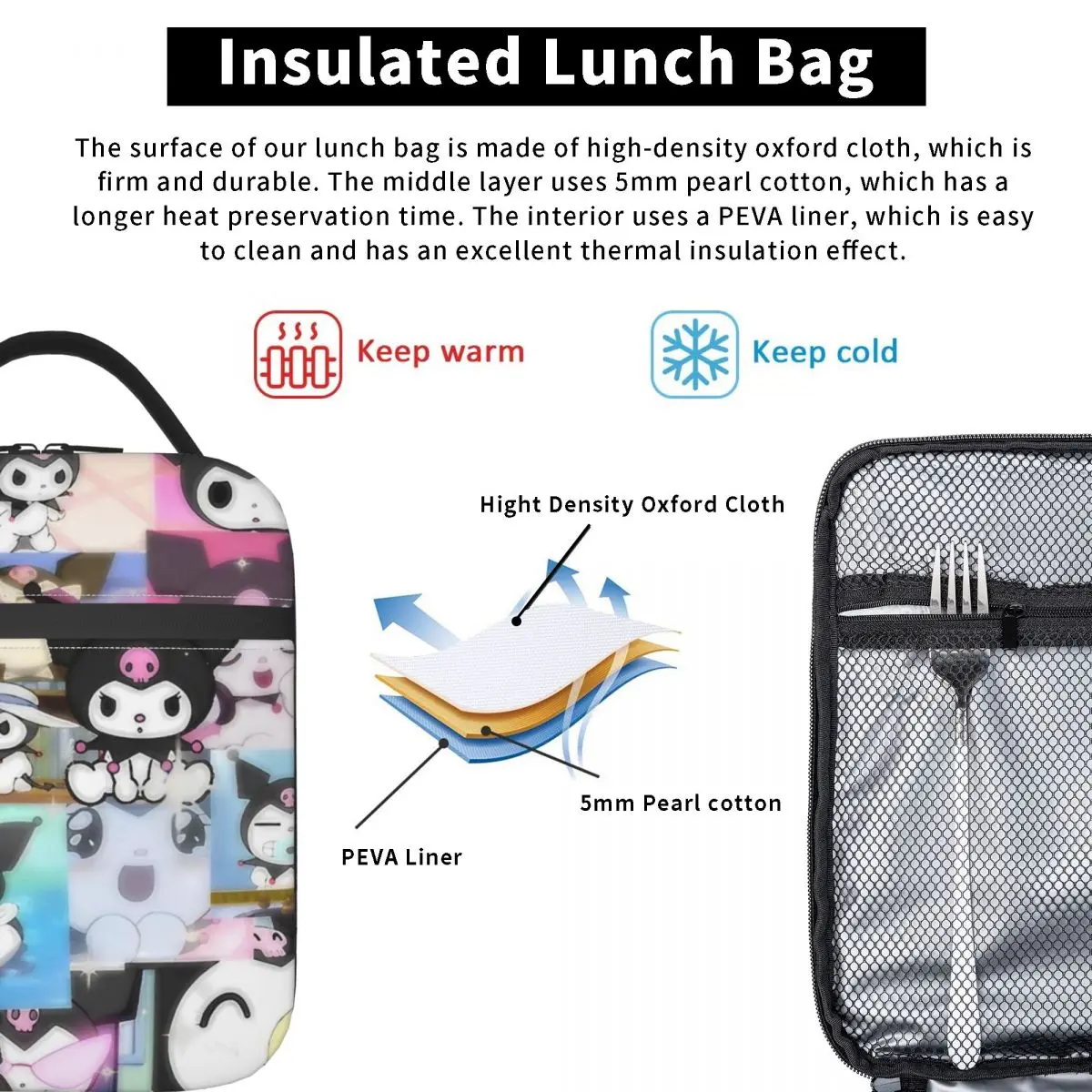 Zwart Konijn Kawaii Cartoon Geïsoleerde Lunchtas Thermische Zak Maaltijdcontainer Draagbare Draagtas Lunchbox Meisje Jongen School Picknick