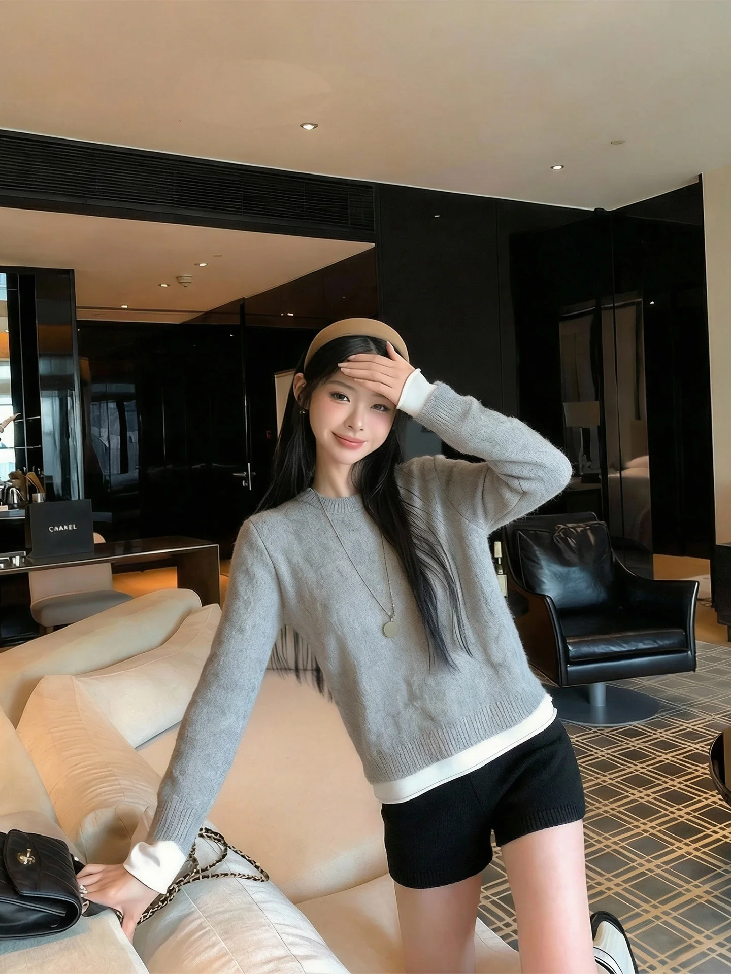 

Корейский вязаный свитер-обманка с круглым вырезом и длинными рукавами для женщин, повседневный, свободного кроя, с эффектом двухслойности, сохраняющий тепло