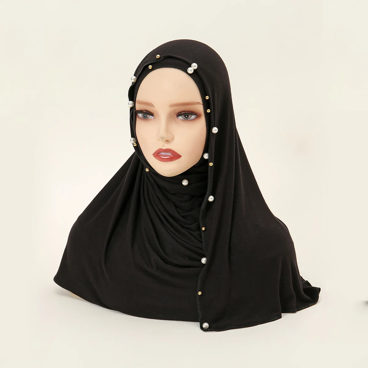 Wholesale High Quality Pearl Jersey Scarf Black Muslim Woman Hijabs Beading Islam Headscarf Turban Solid color Shawls and Wraps