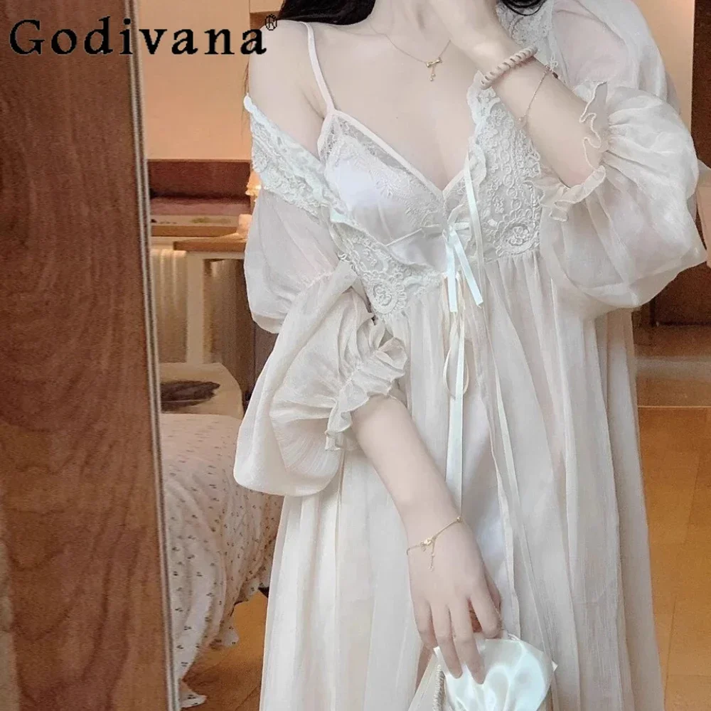 

Sexy Pajamas Women's Court Style Chiffon V-neck Lace Suspender Nightdress Plus Size Nightgowns Robe Outer Robe Homewear Set