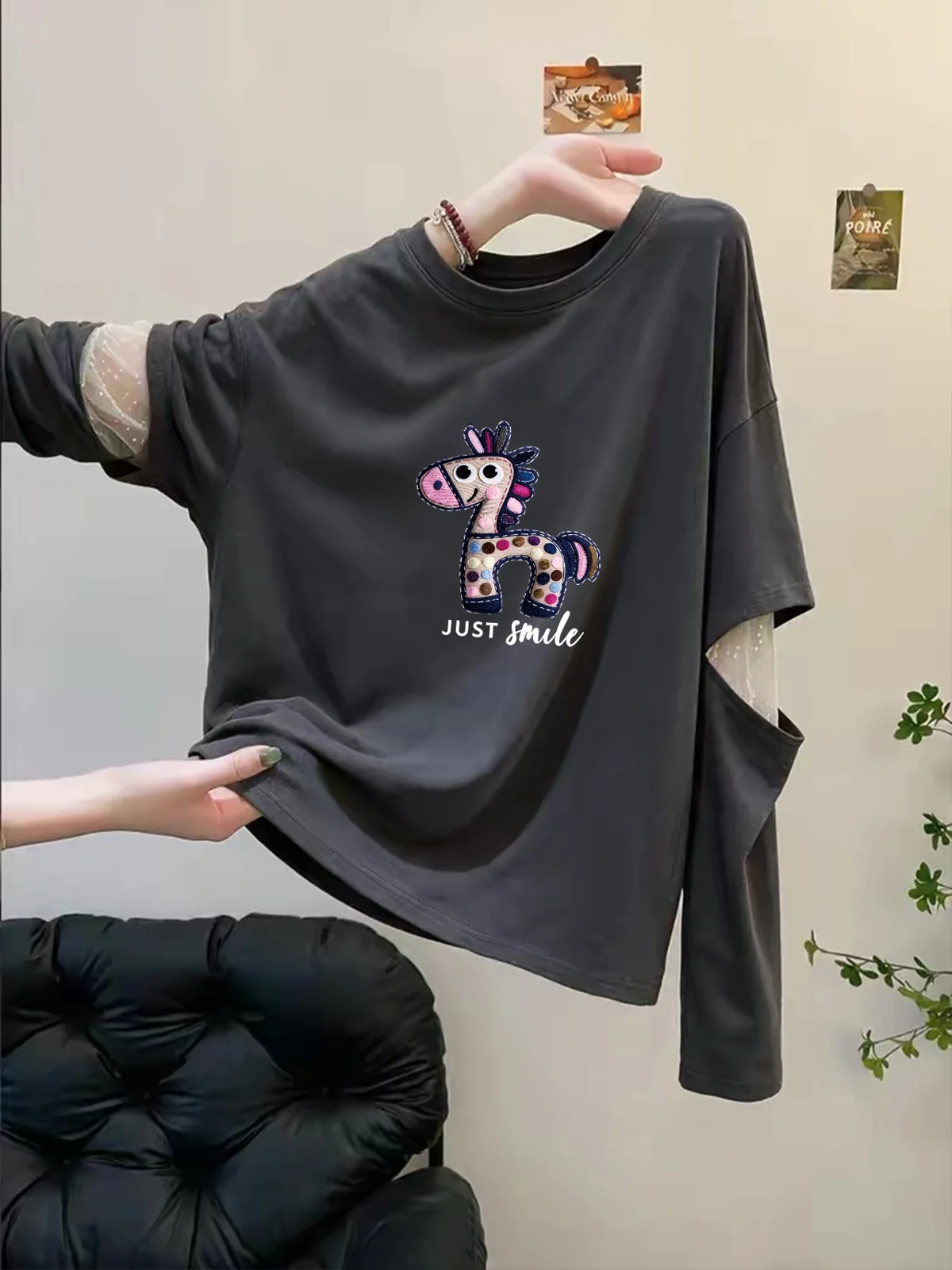 High-End Women's Long Sleeve T-Shirt Mesh Splicing Fake Two-Piece Autumn Fashion Versatile Beautiful Top Relaxing Style Creat...