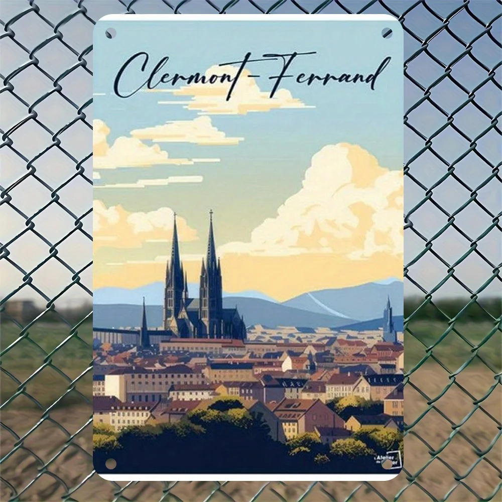 Vintage Clermont-Ferrand Metal Wall Art Sign -  Reusable Indoor/Outdoor Decor, Classic Iron Poster with Cityscape Design for Hom