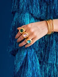 Multicolored Stylish Rounded Square Zircon Flower Rings Gold Plated Stainless steel ring woman Daily Waterproof Jewelry gift