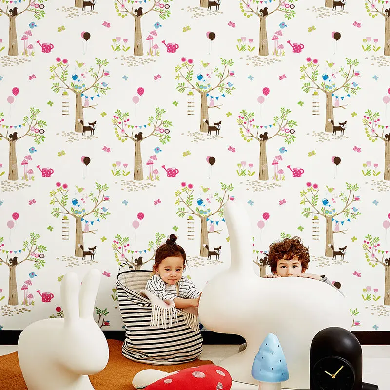 Warm Cute Children'S Room Wallpaper Pink Blue Cartoon  Fox Bird Animal Bedroom Baby Girl Boy Non-Woven Wallpaper