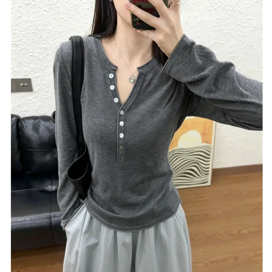 Korean Style Long Sleeve Half Open Collar Women's T-shirt Slimming Base Layer Knitted Top Autumn New Style Inner Wear