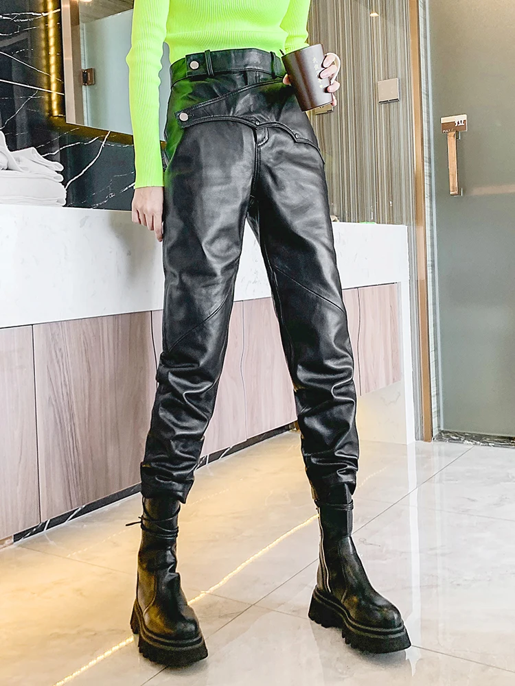 

Уличная повседневная рабочая одежда, брюки, женские осенне-зимние облегающие брюки из натуральной кожи с девятью точками Harlan, прямые брюки