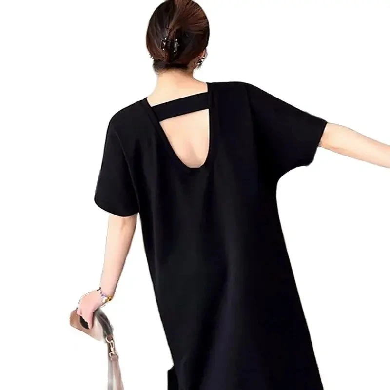 

TYJTJY Fashionable knee length dresses for women 2024 New Summer Dress Lazy Relaxed Casual Backless Short Sleeve Dress