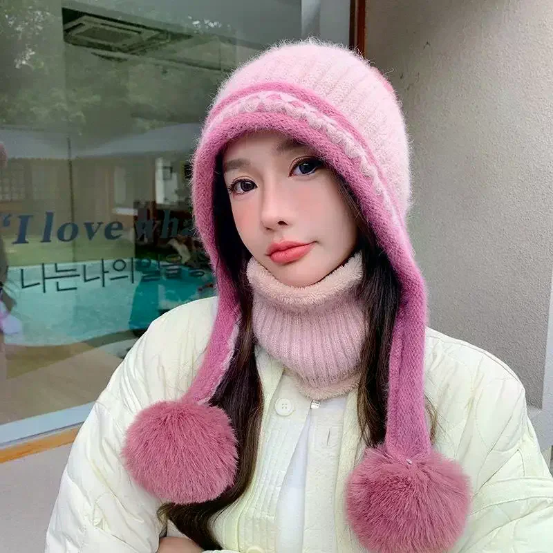 

Модная вязаная плюшевая шапка с цветными блоками, утолщенная теплая шапка для защиты ушей, холодостойкая шапка с помпонами