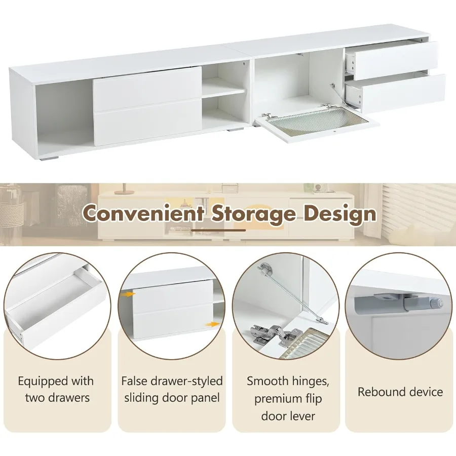 حامل تلفزيون حديث مع أبواب زجاجية مخددة لأجهزة التلفاز حتى 100 وحدة تحكم وسائط مع باب منزلق ودرجين مصباح LED لغرفة المعيشة باللون الأبيض #5