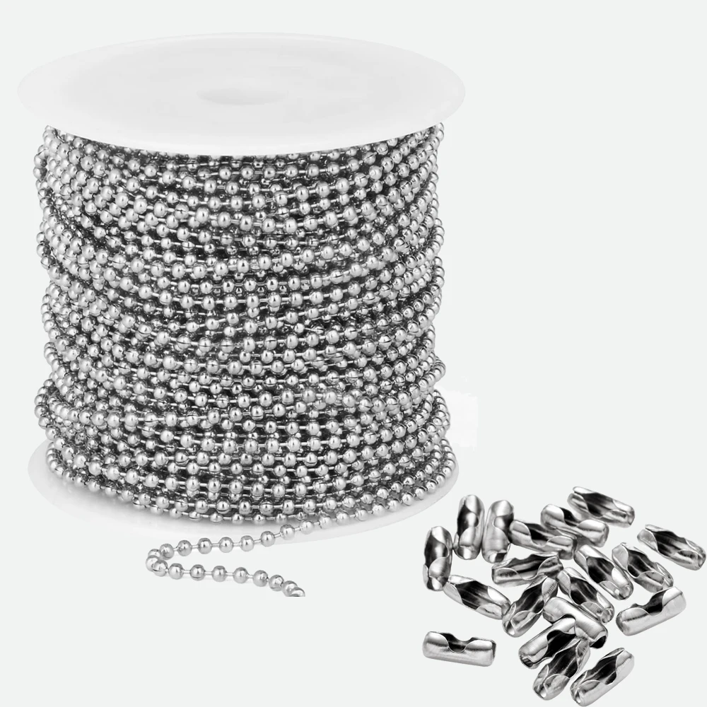 10m Stainless Steel Bead Ball Chains Roll with 50pcs Connectors Clasps for DIY Dog Tag Necklace Keychain Jewelry Making Supplies