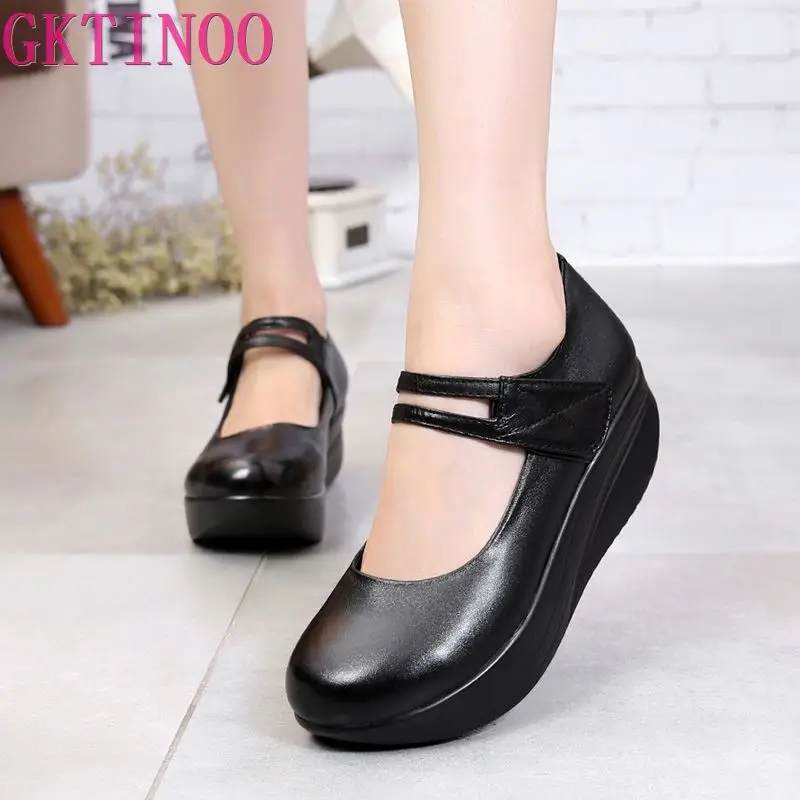 GKTINOO Women Genuine Leather Shoes Casual Wedge Shoes Ankle Straps Shallow Mouth Shoes Platform Soft Sole Lady Swing Shoes