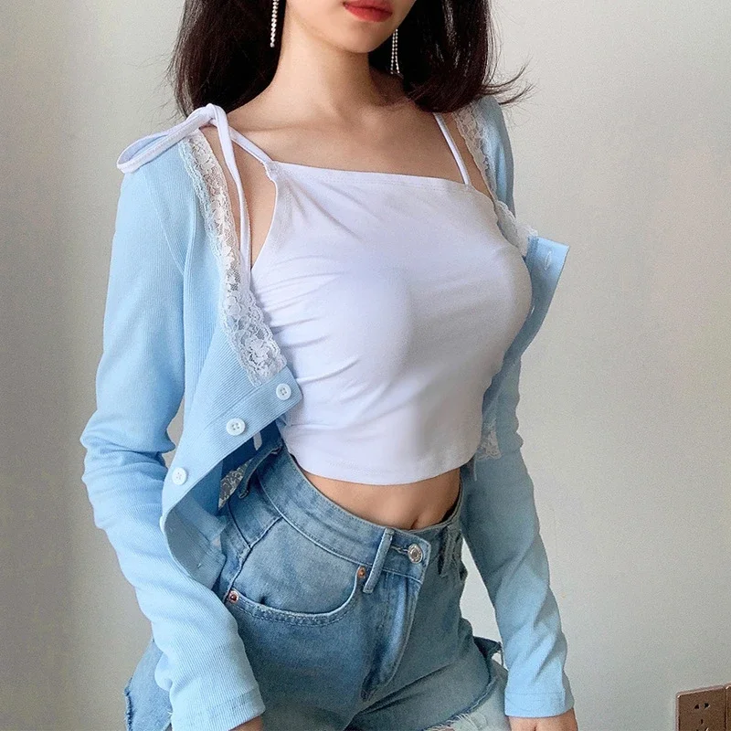 Women Sexy Long Sleeve T Shirts Fashion Lace Ribbed knitting Hollow Crop Tops Slim Elastic Cardigan Tanks Clothes 2024 Autumn