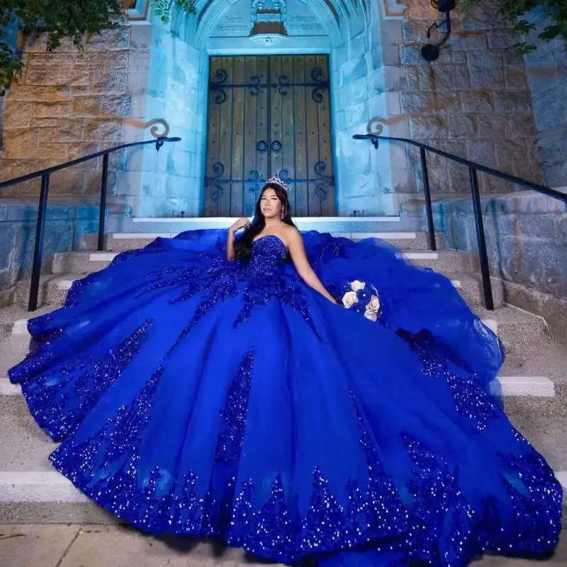 Niebieska suknia balowa Quinceanera Dress 2025 Długi tren Ruffle Princess Tulle Vestidos De 15 Años Birthday Party Sweet 16 Dress