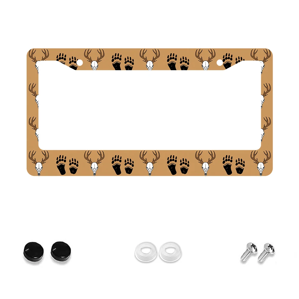 

1pc Brown Deer Skull and Paw Prints 2-Hole License Plate Frame, Aluminum Material, 6x12 Inches with Screw Kit