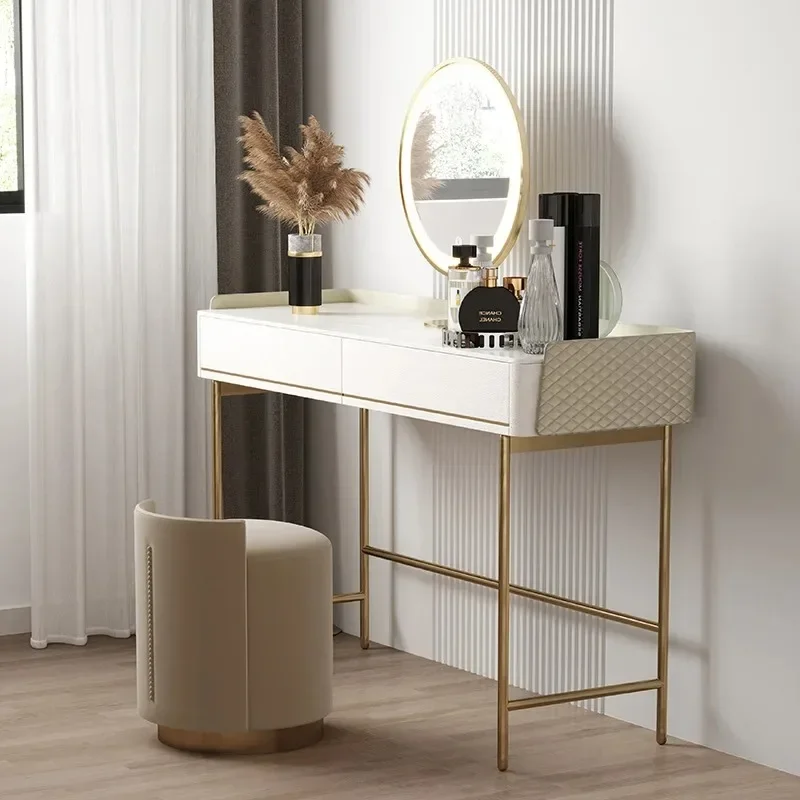 Light Luxury And Simple Modern Italian Style Rock Plate Dressing Table Light Mirror Bedroom Leather Art Dressing Table Furniture