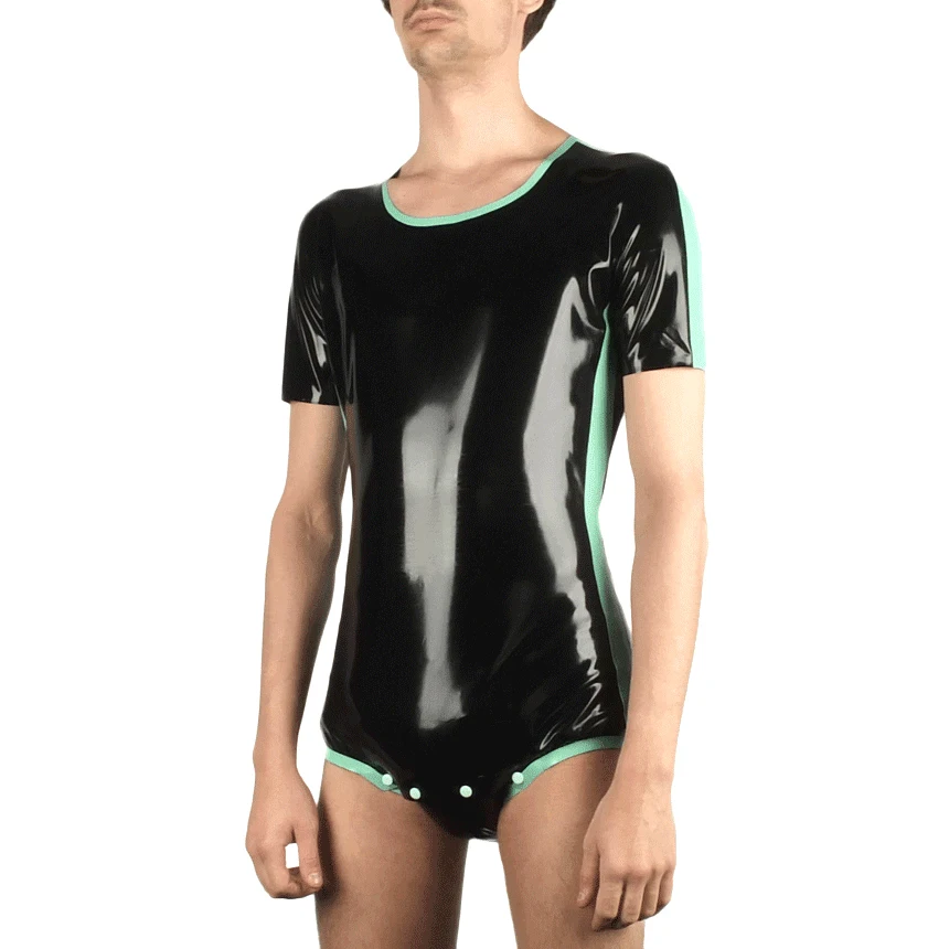 Black And Jade Green Latex Bodysuits Diaper Rubber Catsuits Sriples Shorts Panties Underwear Briefs Bottoms Plus Size LTY-0349