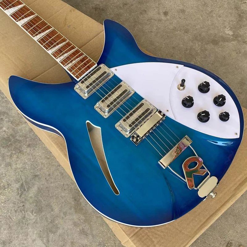 6 String Semi Hollow Body 360 Electric Guitar, 3 Pickups Blue Guitarra, Tailpiece Bridge, Rosewood Fingerboard, Free Shipping