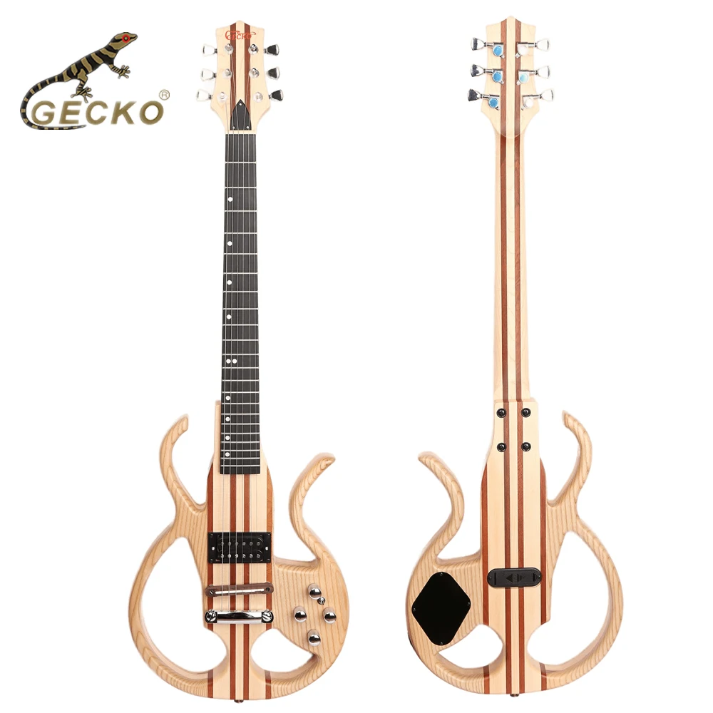 Geco oco guitarra elétrica natural sólido mogno madeira pescoço-através do corpo guitarra elétrica silenciosa com pedal de distorção embutido