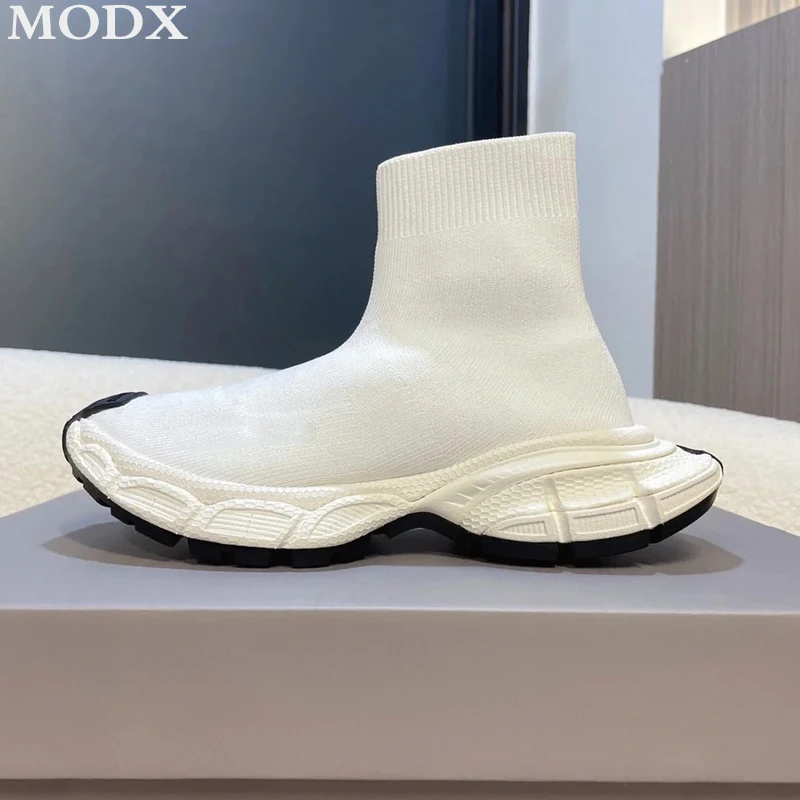 Knitted Chunky Sole Stretch Sneakers Fashion Slip On Casual Couple Sock Boot Height Increasing Breathable Sports Flat Shoe Women