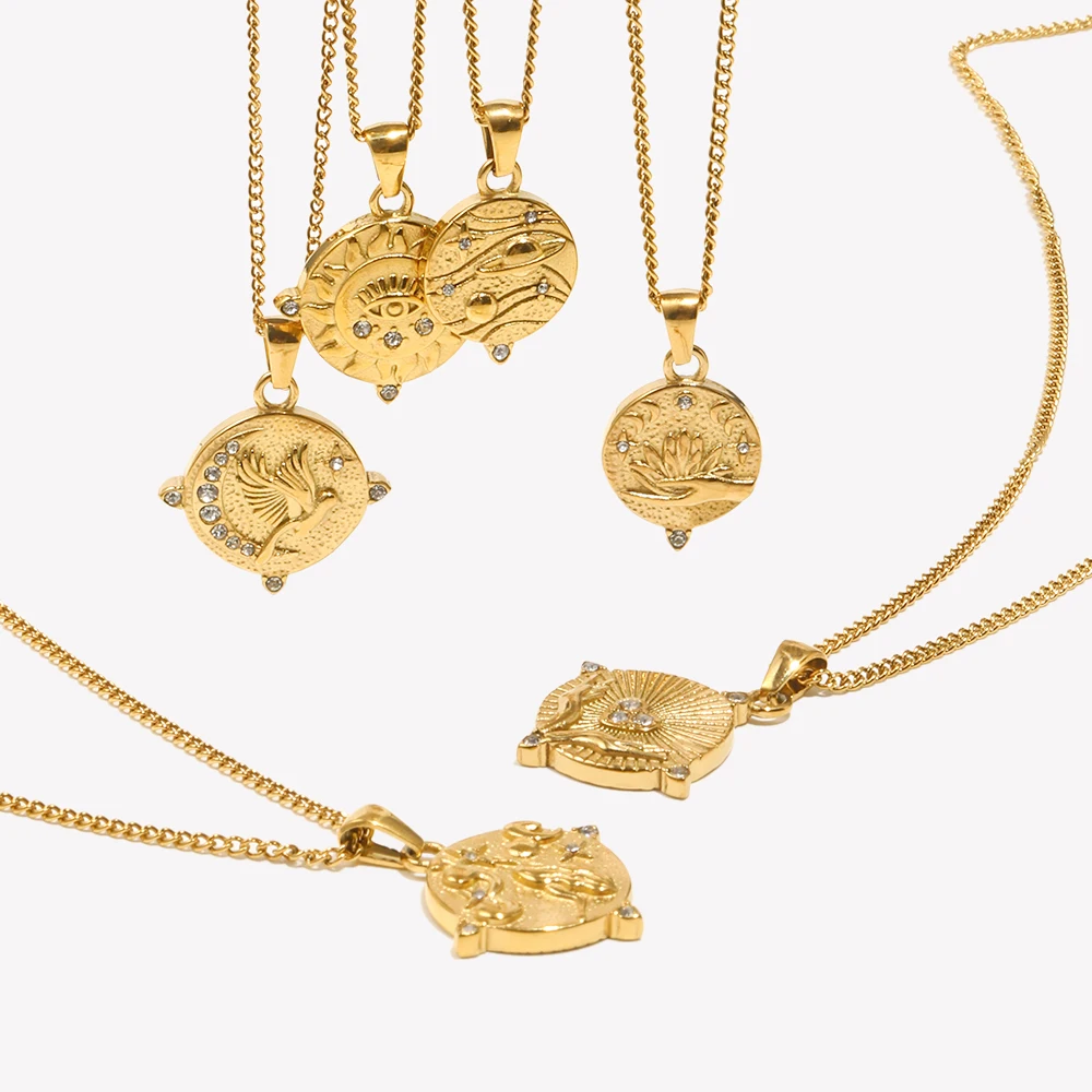 E.B.belle Side Chain Circular Tarot Card Bird Necklace 316L Stainless Steel Decoration 18K Gold Plated Jewelry