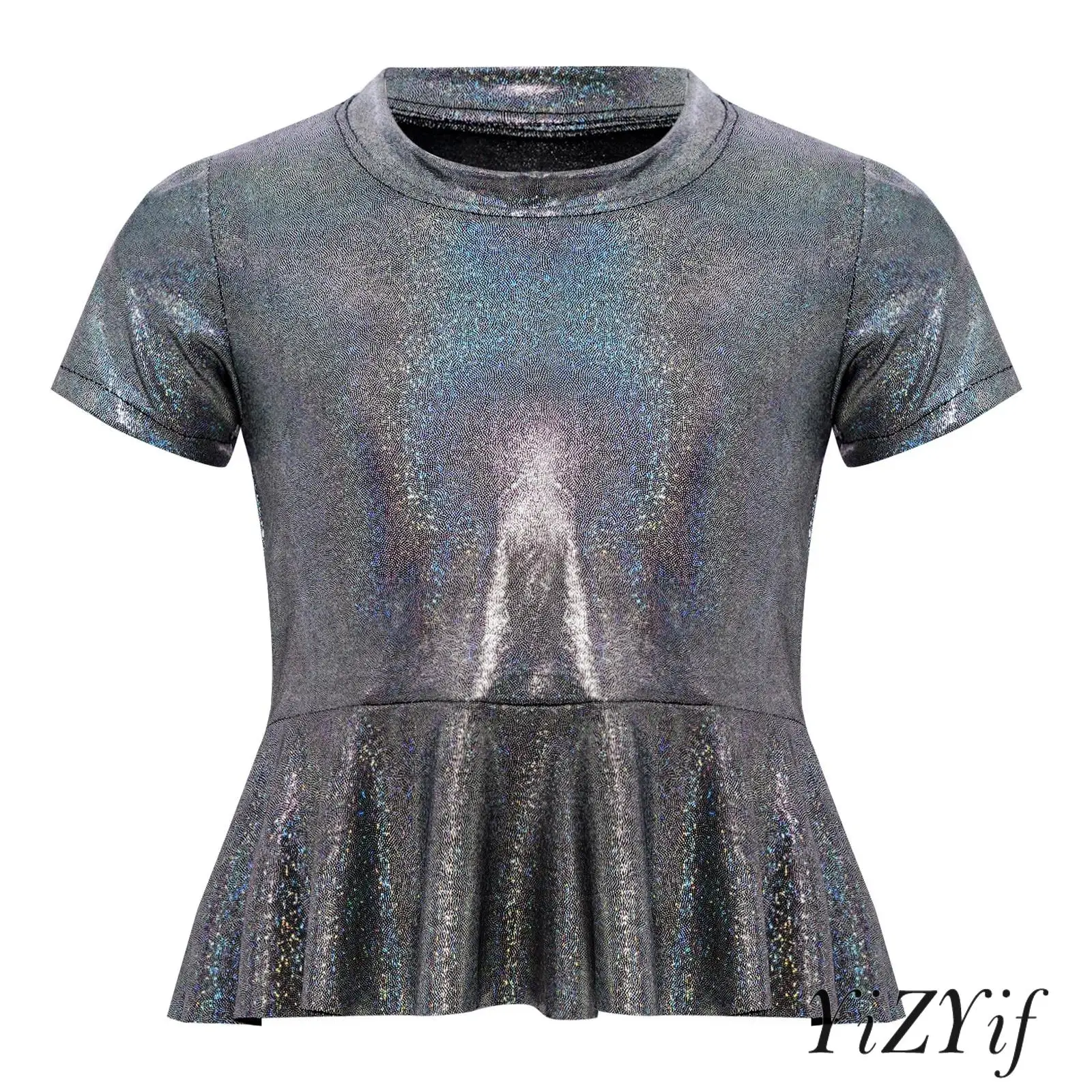 

Children Girls Jazz Dance T-Shirt Costume Metallic Peplum Style Round Neck Short Sleeve for Cheerleading Stage Performance Party