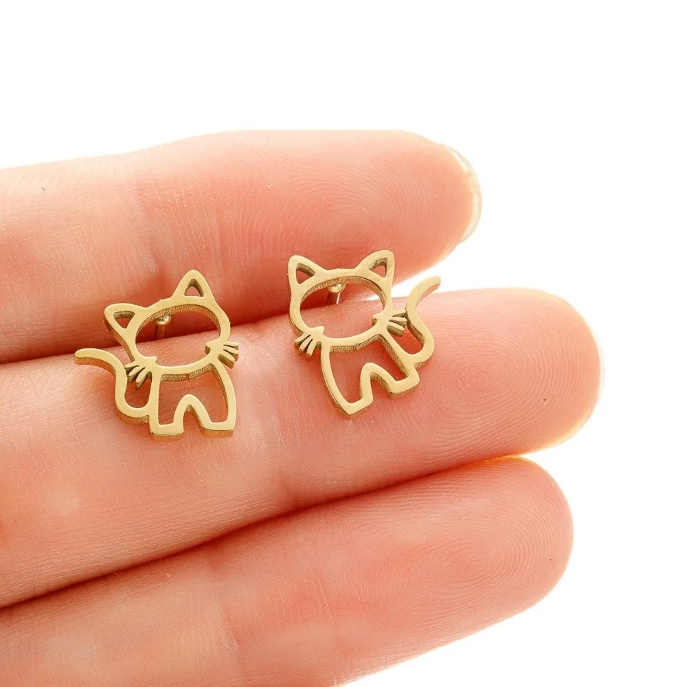 Dainty Stainless Steel Cat Earrings Punk Style Cute Design Cartoon Hollow Out Ear Studs Fashion Trend Small Jewelry Daily