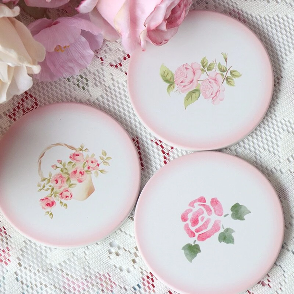 Non-slip Table Placemat, Insulation Pad, Painting Coaster, Pink Flower, Bow, Drink Cup Cushion, Kitchen Accessories, 3Pcs Set, N