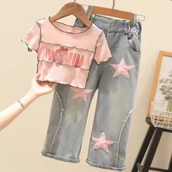 2024 Summer New Girls Clothing Set Cartoon T-shirt+Star Pattern Wide Leg Jeans 2Pcs Suit For 3-8 Years Kids Fashion Suit