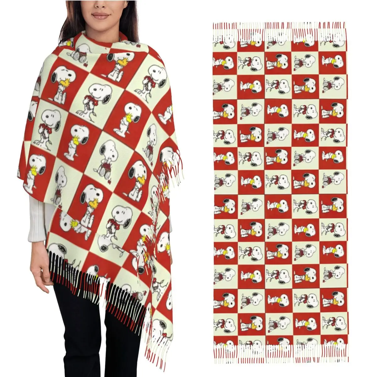 Womens Tassel Scarf Snoopys Woodstock Long Super Soft Shawl Wrap Cartoon Daily Wear Cashmere Scarf
