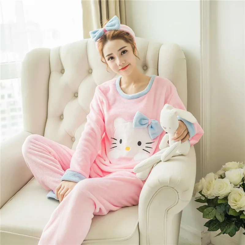 Kawaii Sanrio Hello Kitty, теплые плюшевые пижамы для девочек, зимняя утолщенная одежда для сна, милый женский фланелевой пижамный комплект с героями мультфильмов, домашний комплект Kawaii Sanrio Hello Kitty, теплые плюшевые пижамы для девочек, зимняя утолщенная одежда для сна, милый женский фланелевой пижамный комплект с героями мультфильмов, домашний комплект