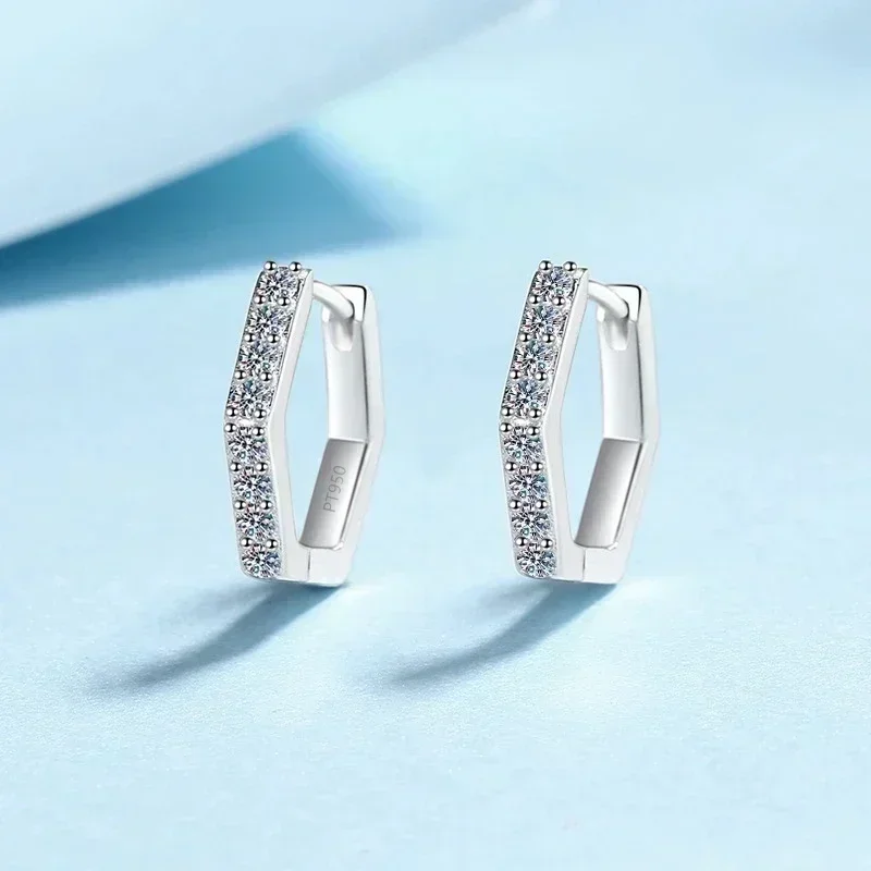 Sparkly Geometric Hexagonal Moissanite Diamond 0.4 Carat Earring, Platinum PT950 Hoop Earrings Party Jewelry for Women Style
