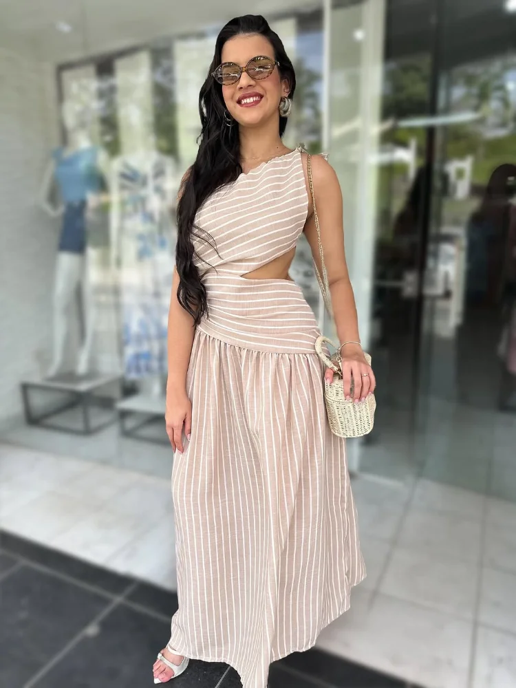 

Striped Print Pleated Women Dress Sleeveless Slanted Neck Single Shoulder Hollowed Out Dresses 2026 Casual Vacation Long Robe