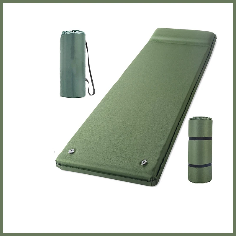 Outdoor waterproof army green thick self inflating sleeping pad with pillow sleeping mat for camping