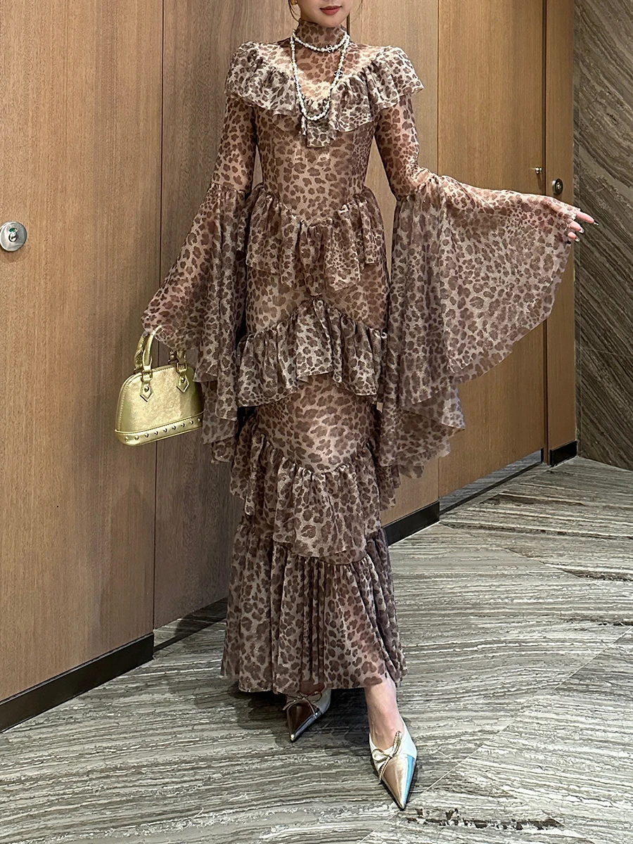 TWOTWINSTYLE Leopard Slimming Spliced Ruffles Folds Sexy Dresses for Women High Neck Long Sleeves Sheer Elegant Dress Female New