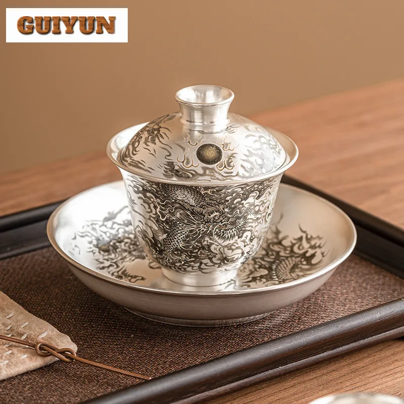 150ml Handamde 999 Gilded Silver Porcelain Body Gaiwan Ink Dragon Play Pearl Cover Bowl Chinese Tea Brewing Tea Tureen Teaware