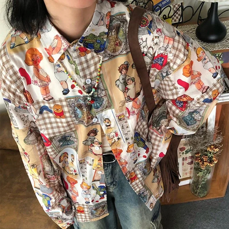 Y2K Vintage Oversized Shirt Women's Autumn 2024 New Lazy Style Top with Japanese Retro Plaid Prints Japanese Kawaii Clothes