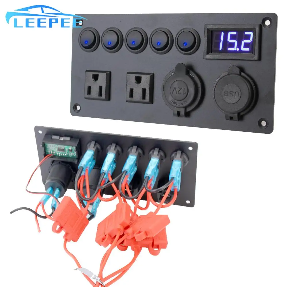 

LED Digital Voltmeter 12V/24V with US Plug Socket Dual USB Port 5 Gang Toggle Switch Car Switch Panel For Car Marine