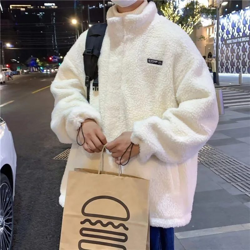 Men's Loose Fit Lamb Fur Jaet Polyester Filled Autumn Winter Korean Sle Trendy Cotton Coat with Fce  Thi Outer...