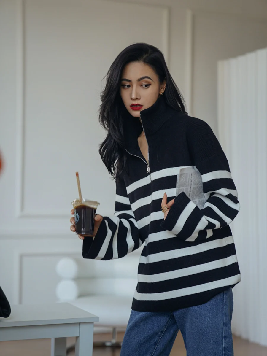 StyleAmog European and American stand neck black and white stripe lazy style loose wool top for women
