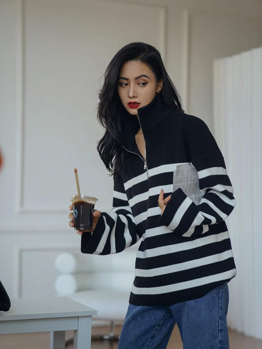 

StyleAmog European and American stand neck black and white stripe lazy style loose wool top for women
