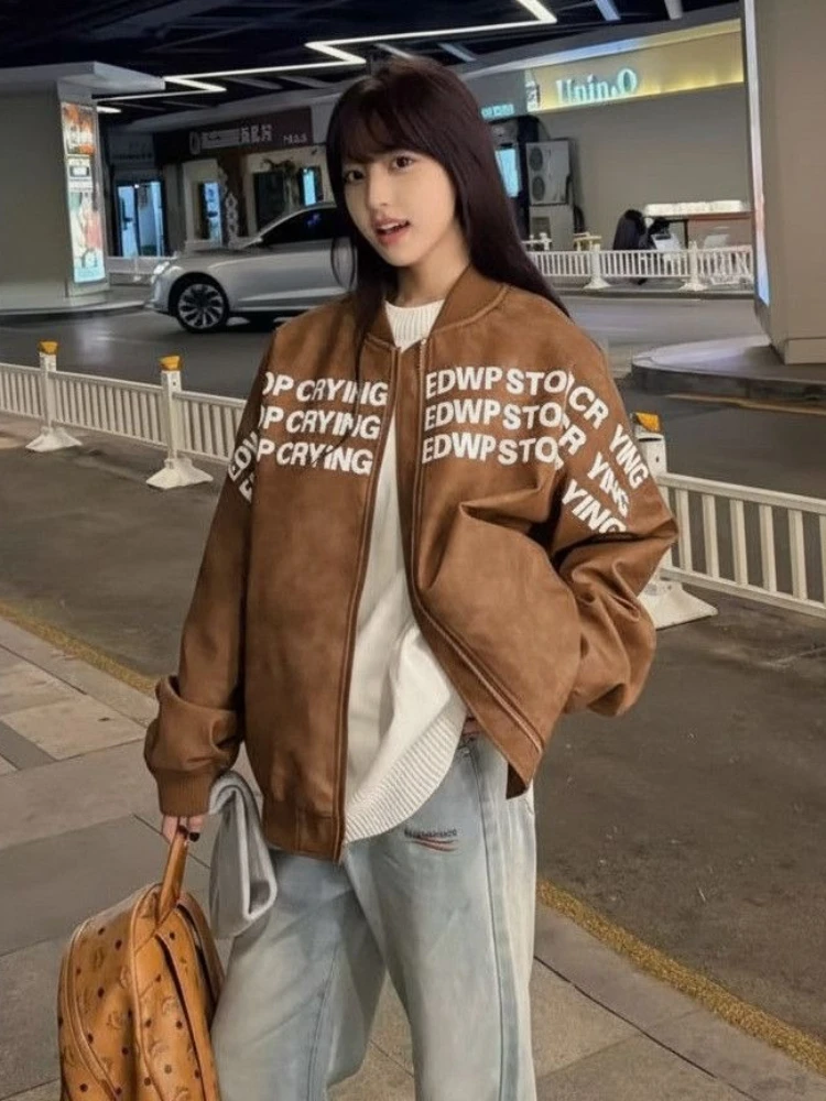 

Американская винтажная куртка с длинным рукавом, уличная женская повседневная однотонная куртка с буквенным принтом Y2k, ретро на молнии, тонкая осень 202, осень