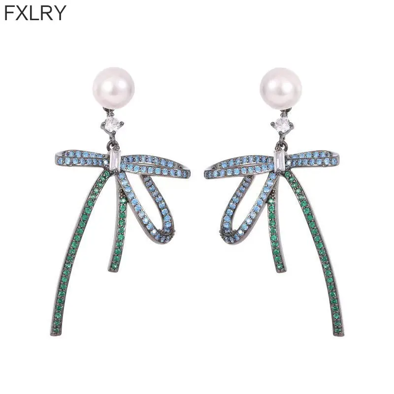 flxry-ロングリボンボウ-s925シルバーニードル-ヴィンテージパールイヤリング-レディース