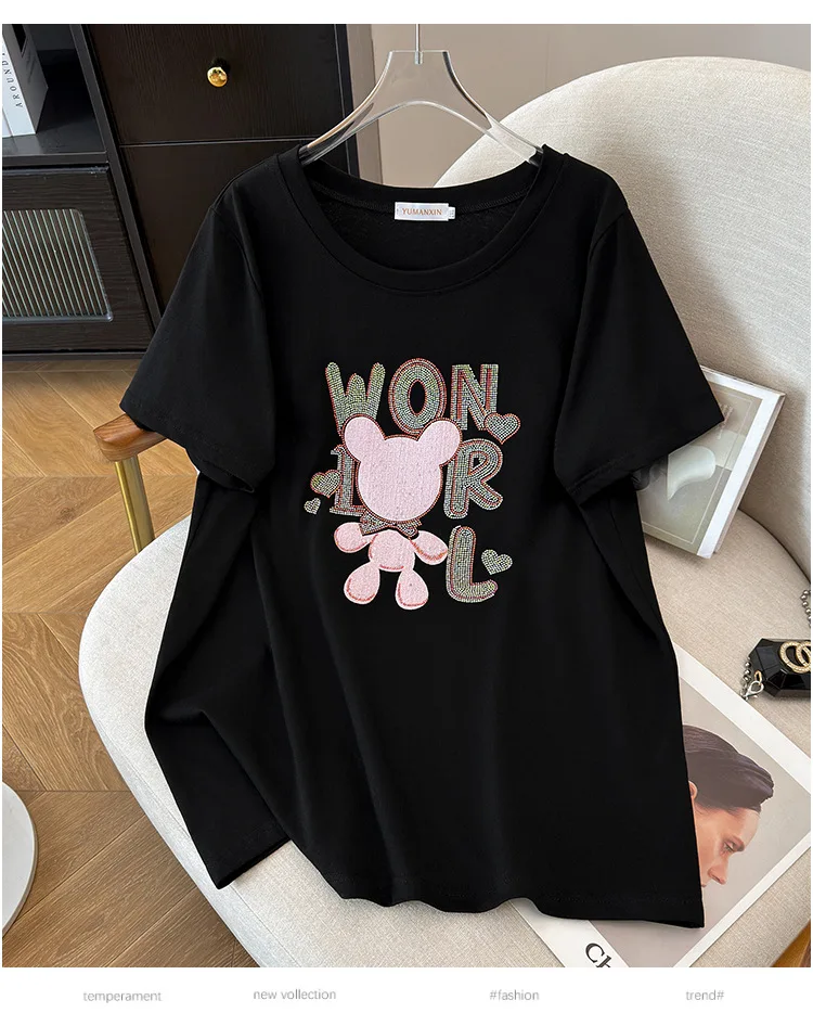 170Kg Plus Size Women\'s Bust 170 Summer Loose Short sleeved Diamond T-Shirt Bear Top White Black 4XL 5XL 6XL 7XL 8XL 9XL