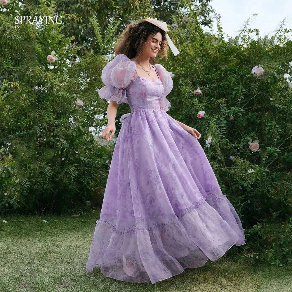 SPRAYING violet Organza imprimé fleuri robe de soirée col en V manches bouffantes robe de soirée une ligne longue robe d'occasion formelle personnalisée