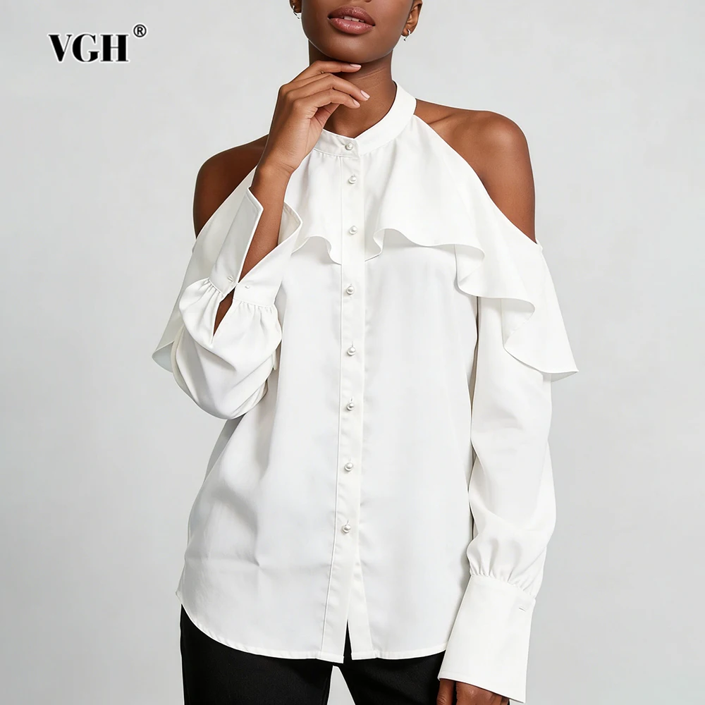 

VGH French Style Sweet Ruffle Solid Blouses For Women Round Neck Long Sleeve Spliced Button Summer Casual Shirts Female Fashion